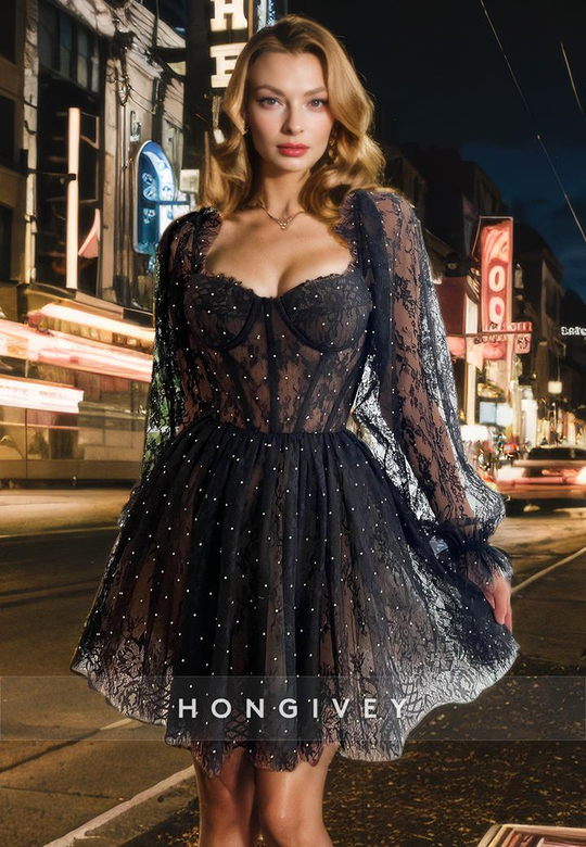 A-Line Long Sleeve Sheer Empire Appliques Short Homecoming