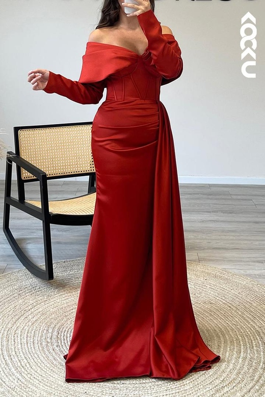 Off Shoulder Long Sleeves Satin Mermaid Formal Evening Dress