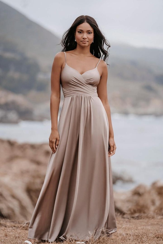 V-Neck Spaghetti Straps Ruched Satin A-Line Bridesmaid Dress