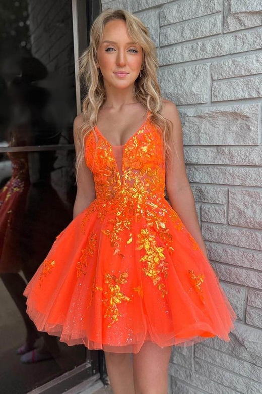 Low V-Neck Sequined Appliqued Tulle A-Line Mini Homecoming Gown