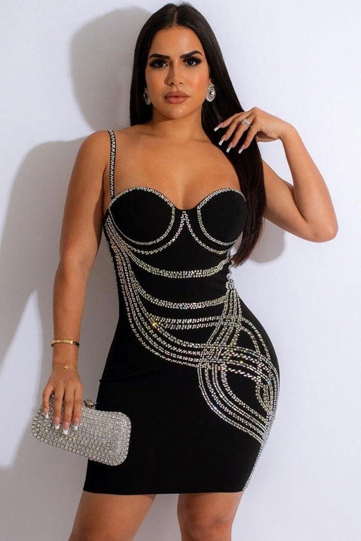 Black Sexy Rhinestone Trim Sweetheart Sleeveless Bodycon Party Mini Dress