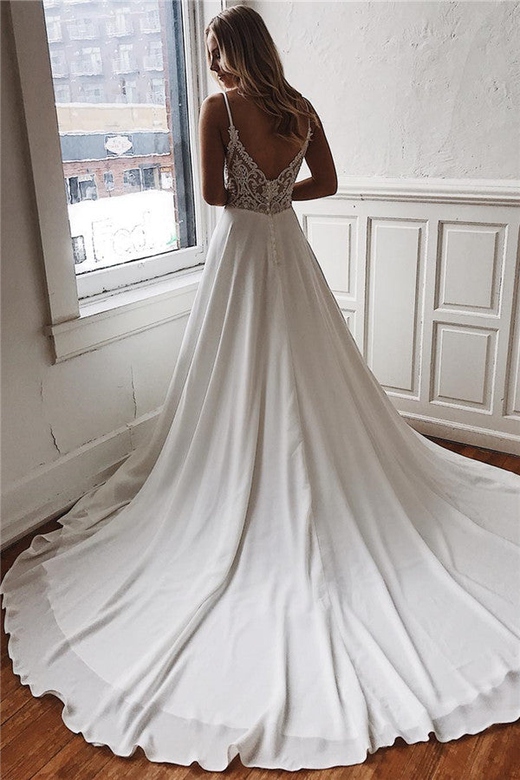 A-Line Deep V-Neck Court Spaghetti Chiffon Crochet Flower Backless Wedding Dress