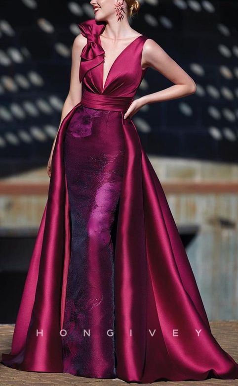 Glamorous Satin A-Line V-Neck Bowknot Appliques Overskirt Train Gown