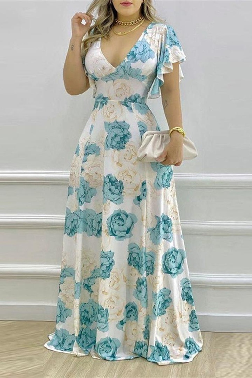 Elegant Print Flowers Flounce V-Neck A-Line Special Occasion Gown