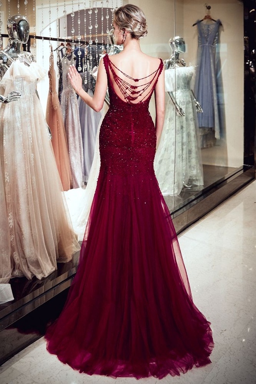 MELBA Mermaid Long Sequined Tulle Burgundy Evening Gown, Sleeveless