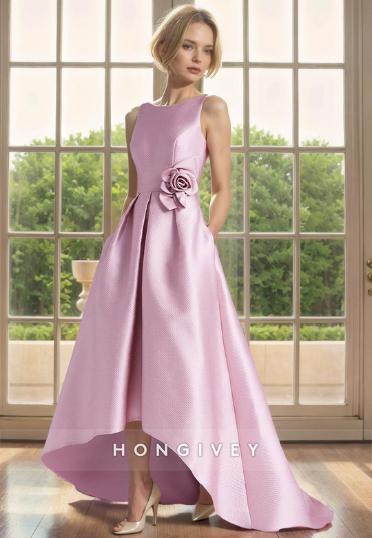 Satin A-Line Round Sleeveless High-Low Pockets Mother-of-the-Bride Dress