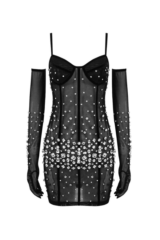 Luxury Rhinestone Glove Cami Bustier Sheer Mesh Micro Mini Dress