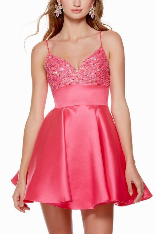 V-Neck Spaghetti Straps Sequined Satin A-Line Mini Homecoming Gown