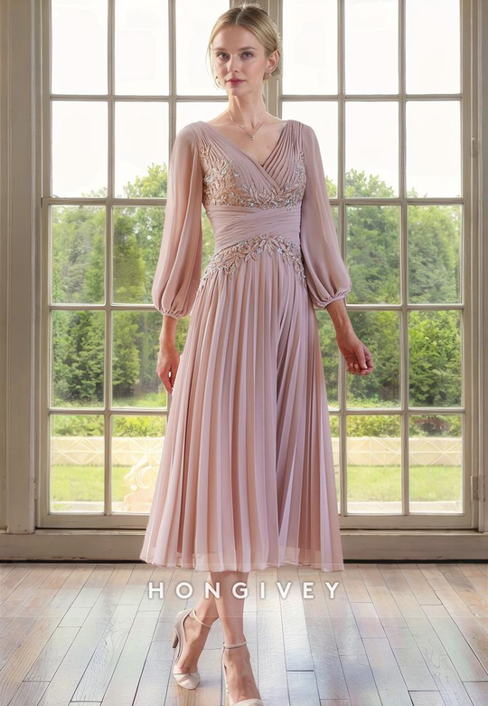 Long Sleeve V-Neck Appliques Chiffon A-Line Mother-of-the-Bride Dress