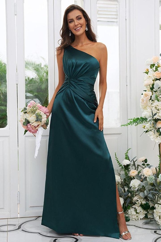 One Shoulder Ruched Satin A-Line Long Bridesmaid Dress with Side Slit