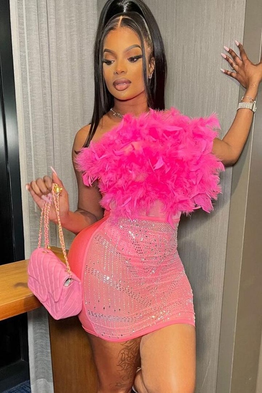 Hot Pink Sexy Rhinestone Sheer Mesh Panel Feather Strapless Party Mini Dress