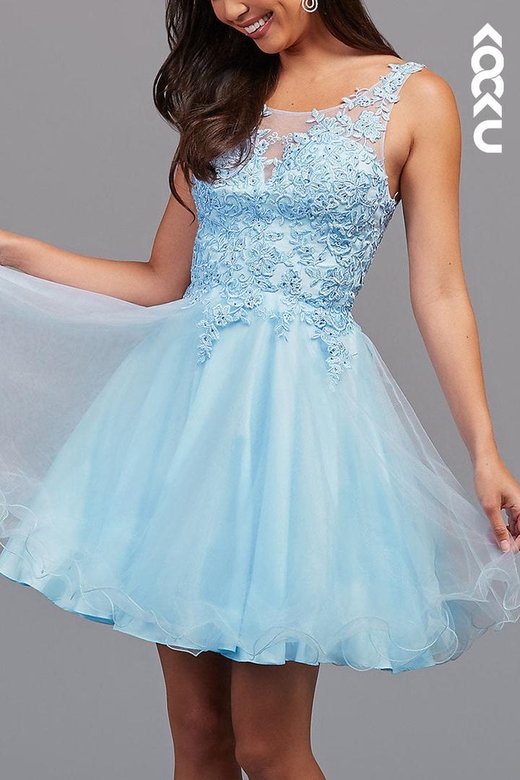 Scoop Appliqued Sheer Pleated Tulle A-Line Mini Homecoming Gown