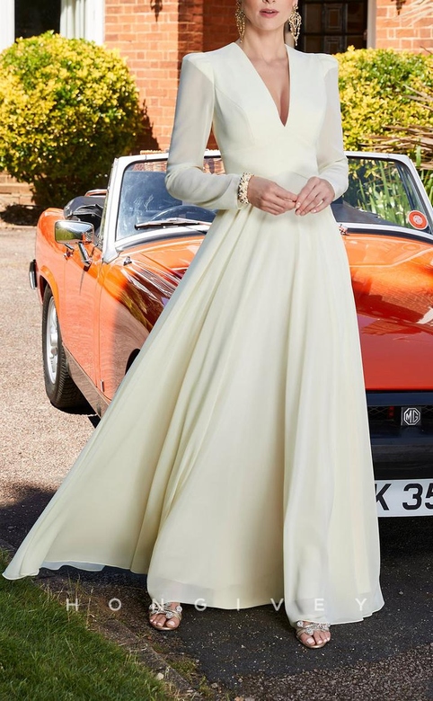 Alluring Chiffon A-Line V-Neck Empire Long Sleeves Floor-Length Gown