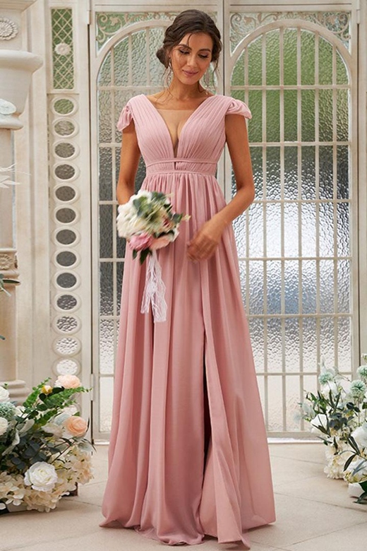 Low V-Neck Cap Sleeves Ruched Chiffon A-Line Bridesmaid Dress