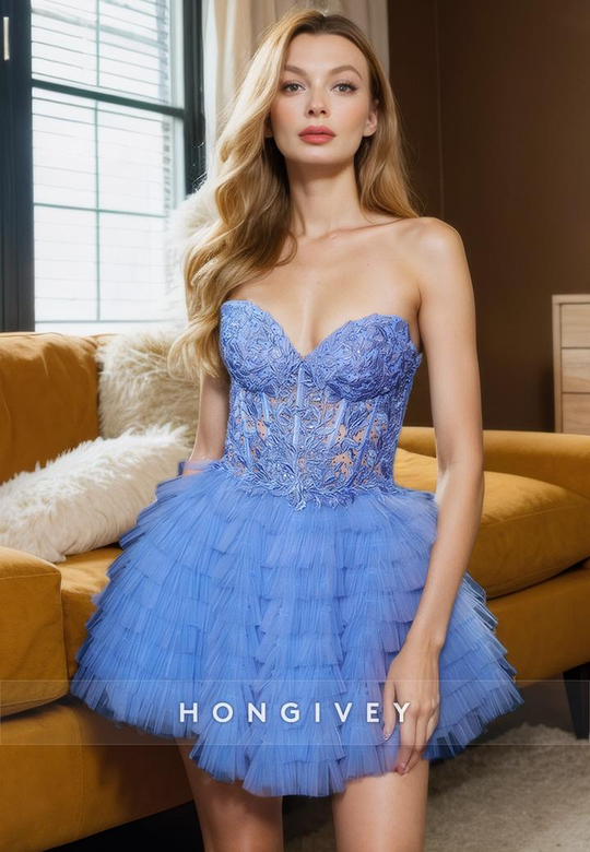 Tulle A-Line Sweetheart Strapless Empire Lace Applique Gown