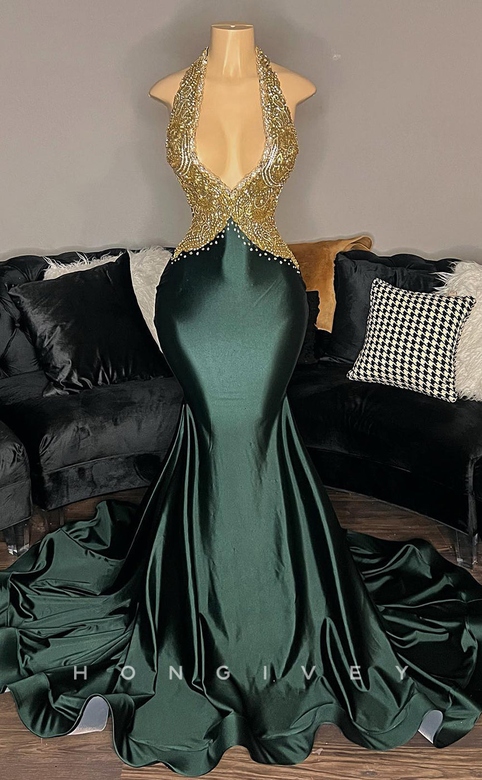 Sexy Halter Open Back Appliques Prom Dress