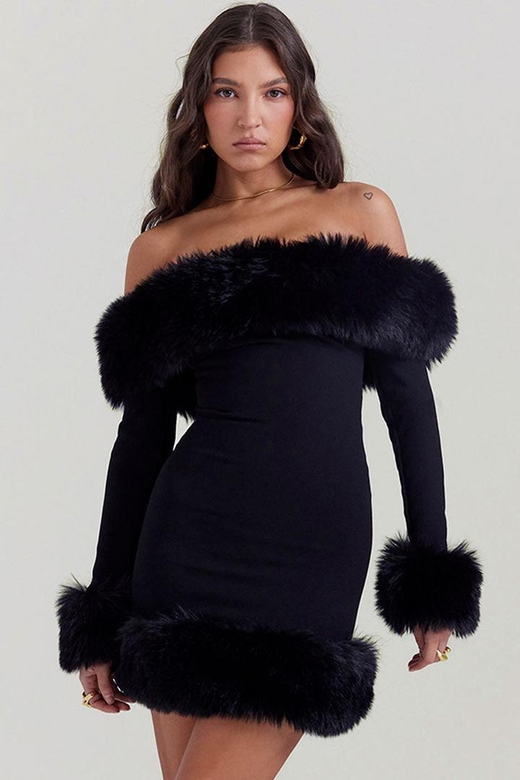 Black Sexy Faux Fur Off The Shoulder Long Sleeve Winter Bodycon Party Mini Dress