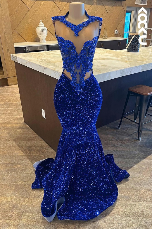 Glamorous V-Neck Sleeveless Sequins Royal Blue Mermaid Dress