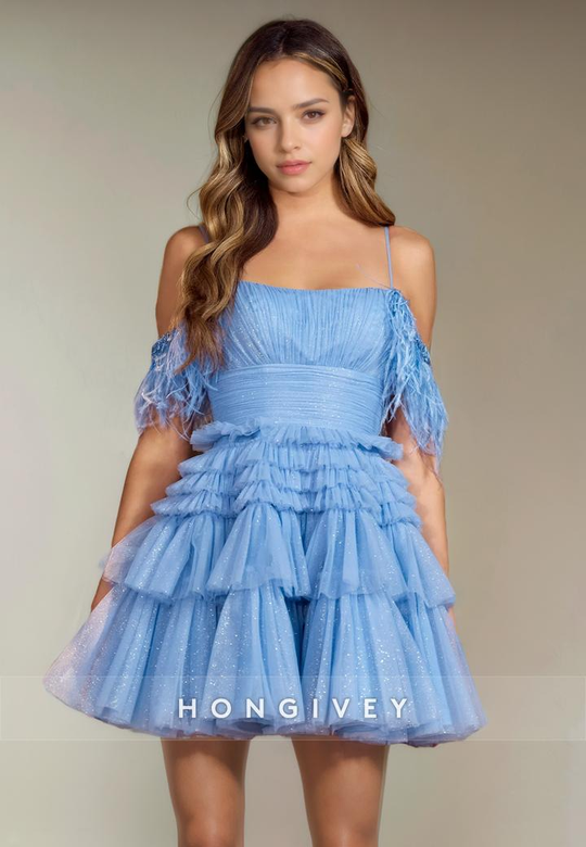 Glitter Tulle A-Line Square Off-Shoulder Tiered Short Homecoming