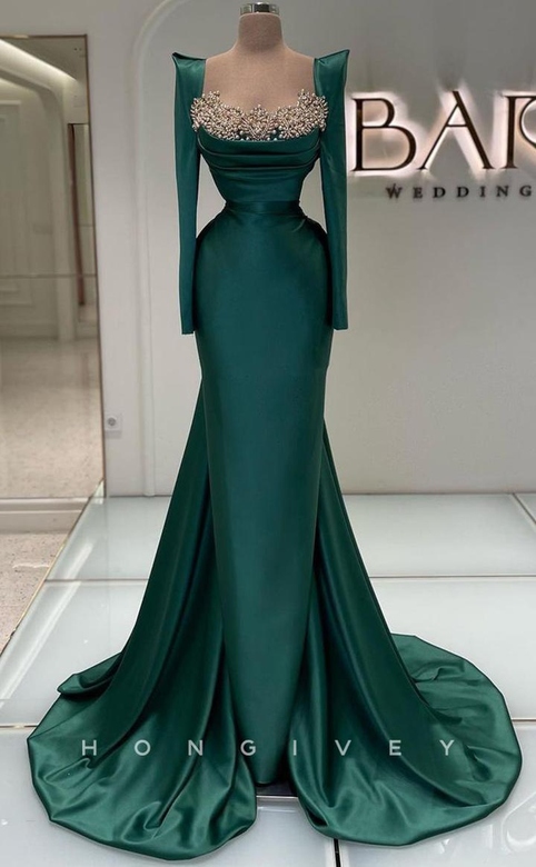 Sexy Satin Trumpet Bateau Long Sleeve Empire Party Prom Evening Dress