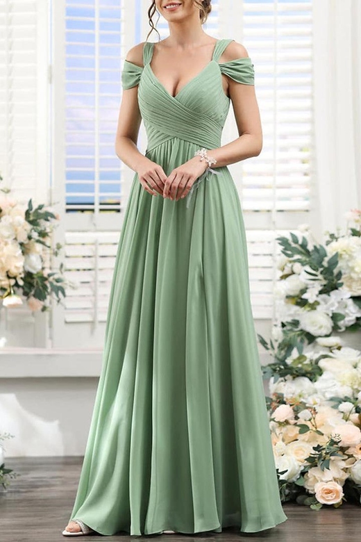 Stylish V-Neck Off-Shoulder Ruched Chiffon A-Line Bridesmaid Gown