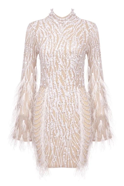 Lavish Feather Beaded Mock Neck Sheer Mesh Sequin Party Mini