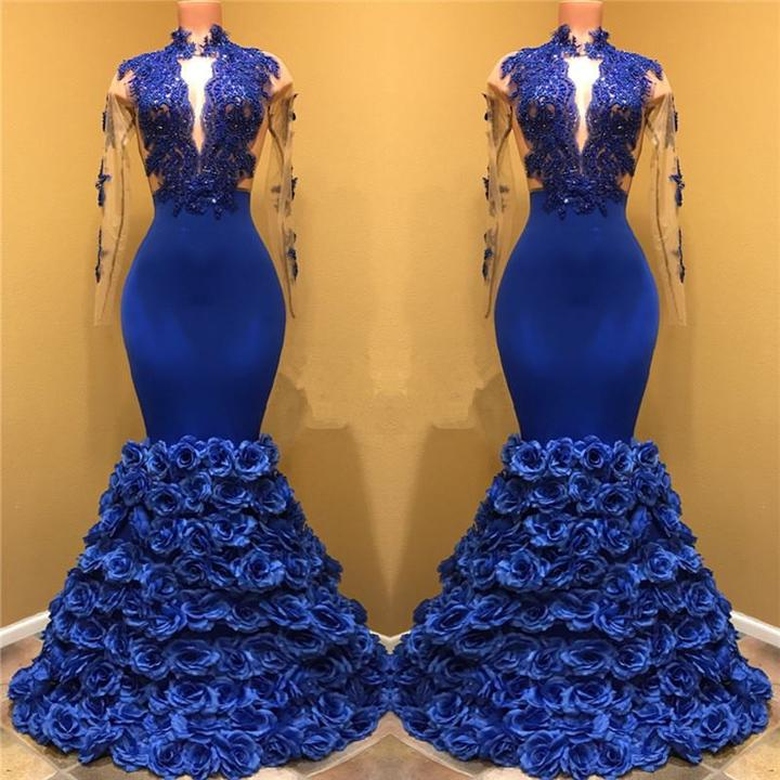 Gorgeous Royal Blue Prom Dresses with Rose Flowers Long Sleevess Evening Gowns