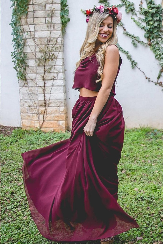 Two-Piece Scoop Neck Sleeveless Chiffon A-Line Bridesmaid Dress