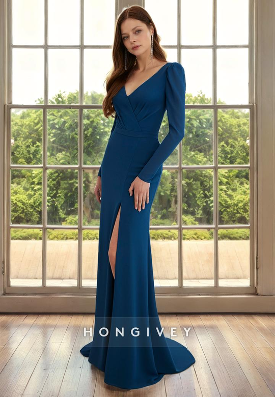 Simple V-Neck Long Sleeves Side Slit Cocktail Party Dress