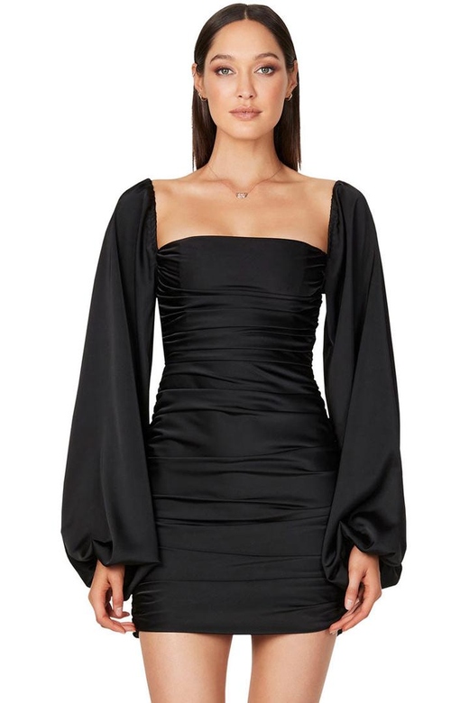 Silky Satin Black Square Neck Bishop Sleeve Ruched Party Mini Dress