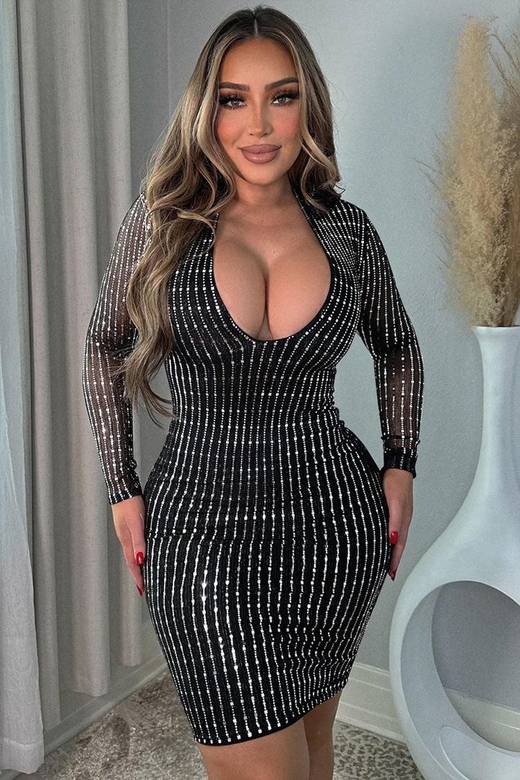 Sparkly Rhinestone Deep V Long Sleeve Bodycon Mini - Black