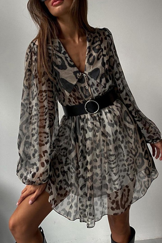 Vintage Elegant Leopard Patchwork With Belt Turndown Collar A-Line Dresses