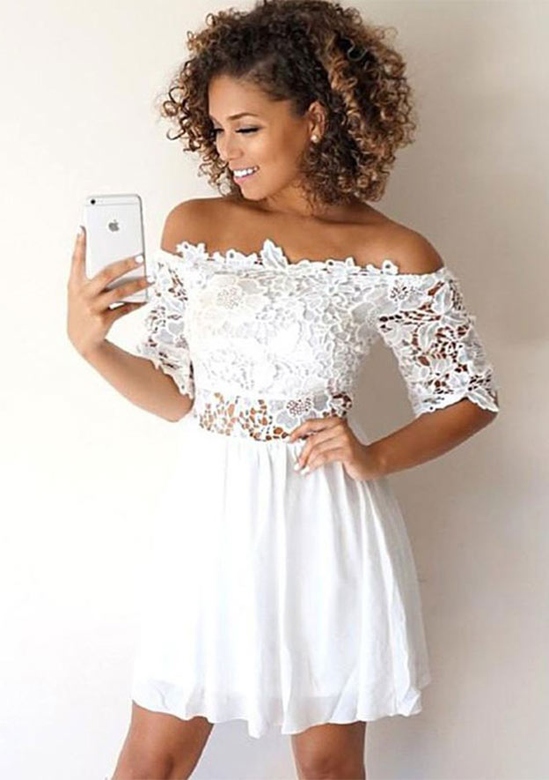 Laced Half Sleeve Off-the-Shoulder Chiffon A-Line Mini Homecoming Dress