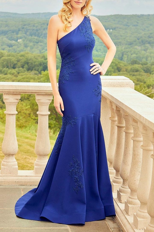 One Shoulder Appliqued Satin Sheath Mother of Bride Long Dress