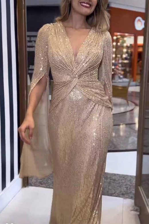 Sexy Formal Solid Sequins Fold V-Neck A-Line Dresses