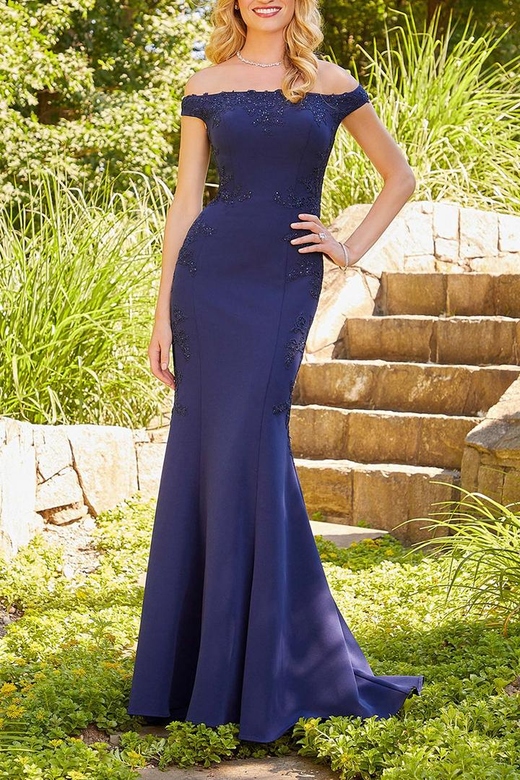 Off-Shoulder Appliqued Satin Sheath Mother of Bride Long Gown