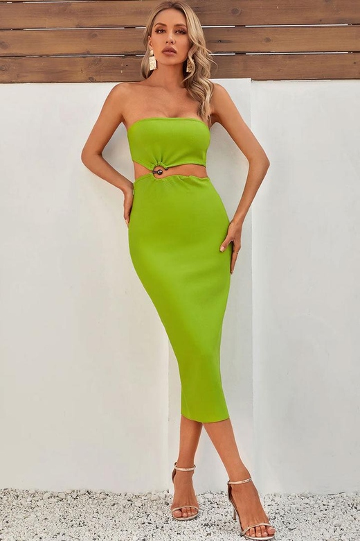 Chic Green Strapless Notch O Ring Cutout Waist Bodycon Bandage Party Midi Dress