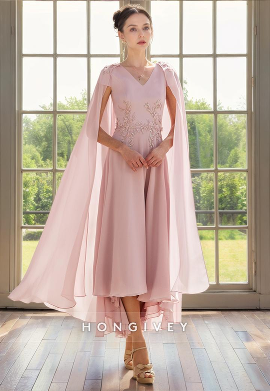 Chiffon V-Neck A-Line With Bolero Appliques Mother-of-the-Bride Gown