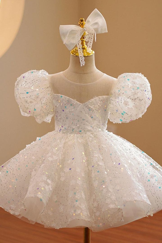 Scoop Puff Sleeves Sequined Beaded A-Line Adorable Flower Girl Dress