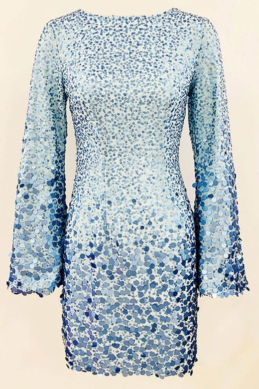 Sparkly Blue Round Neck Long Sleeve Bodycon Sequin Party Mini Dress