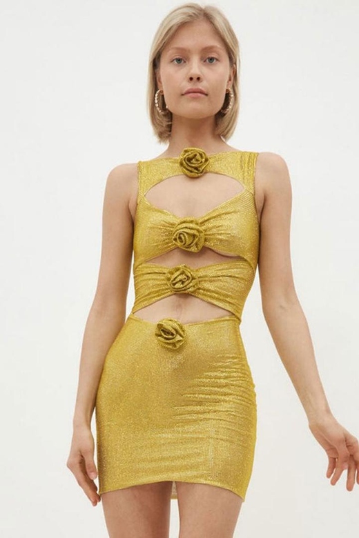 Yellow Sparkly Rhinestone Rosette Cutout Semi Sheer Mesh Sleeveless Party Mini Dress