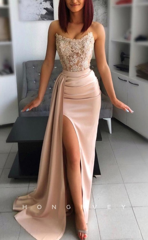 Sexy Fitted Satin Bateau Sleeveless Ruched Appliques with Side Slit Train Party Prom Evening Dress