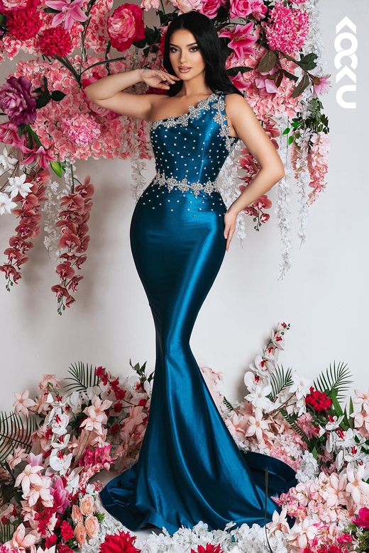 Elegant Trumpet Rhinestone One Shoulder Evening Prom Dress