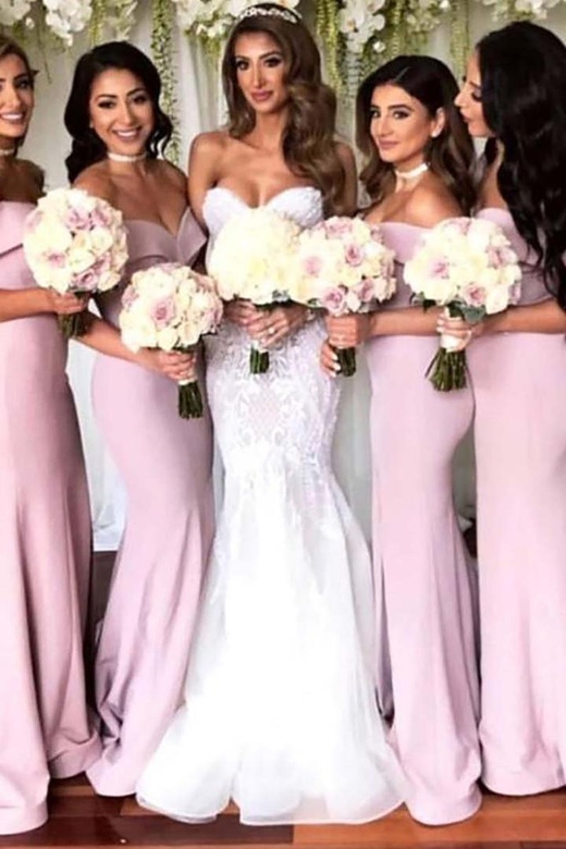 Off-Shoulder Sleeveless Ruched Satin Mermaid Bridesmaid Gown