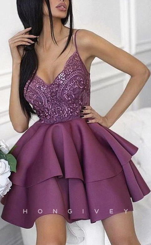 Sparkling A-Line Ball Gown Sequins V-Neck Spaghetti Strap Short Gown