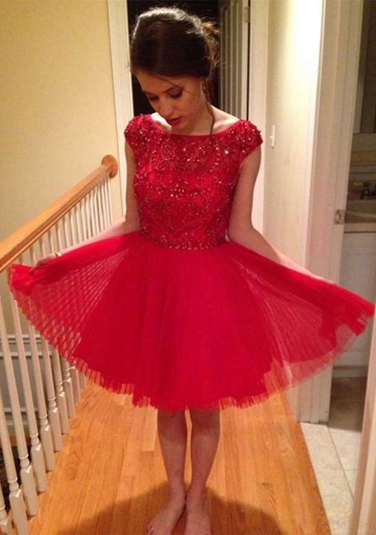 Appliqued Beading Bateau Neck Tulle A-Line Homecoming Dress