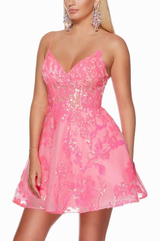 V-Neck Spaghetti Straps Sequined Appliqued A-Line Mini Homecoming Gown