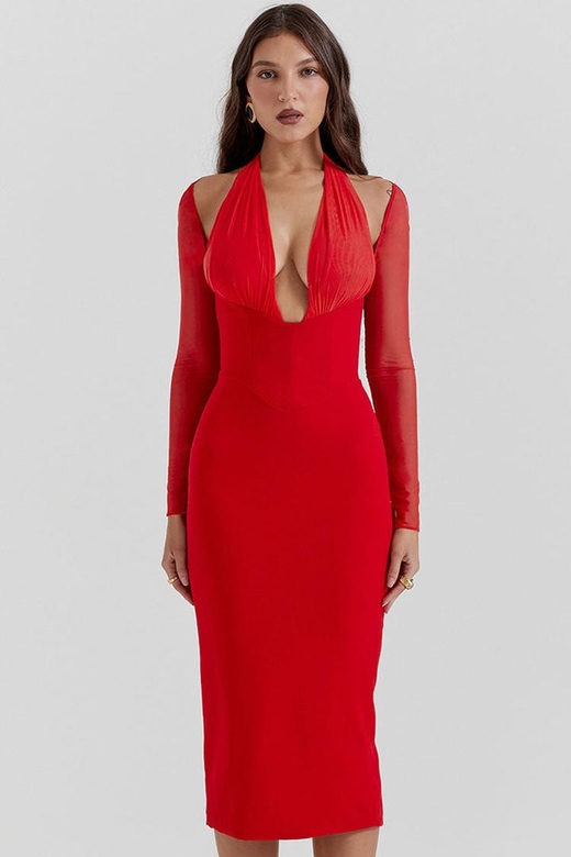 Red Sexy Halter Deep V Cold Shoulder Long Sleeve Bodycon Cocktail Party Midi Dress