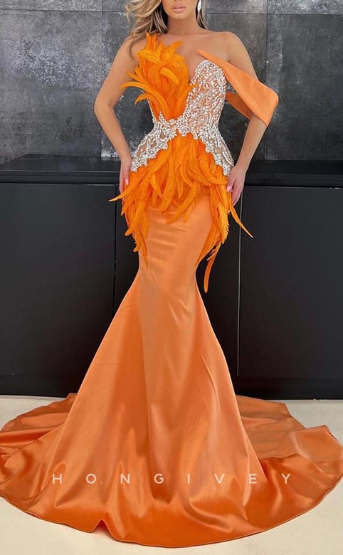 Sexy Satin Trumpet One Shoulder Empire Beaded Gown