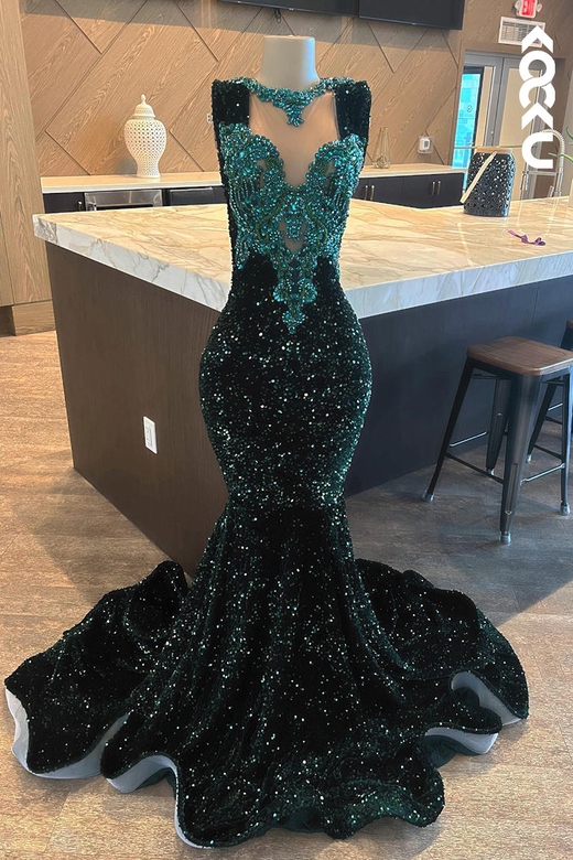 Couture Sleeveless V-Neck Mermaid Sequins Evening Prom Dress